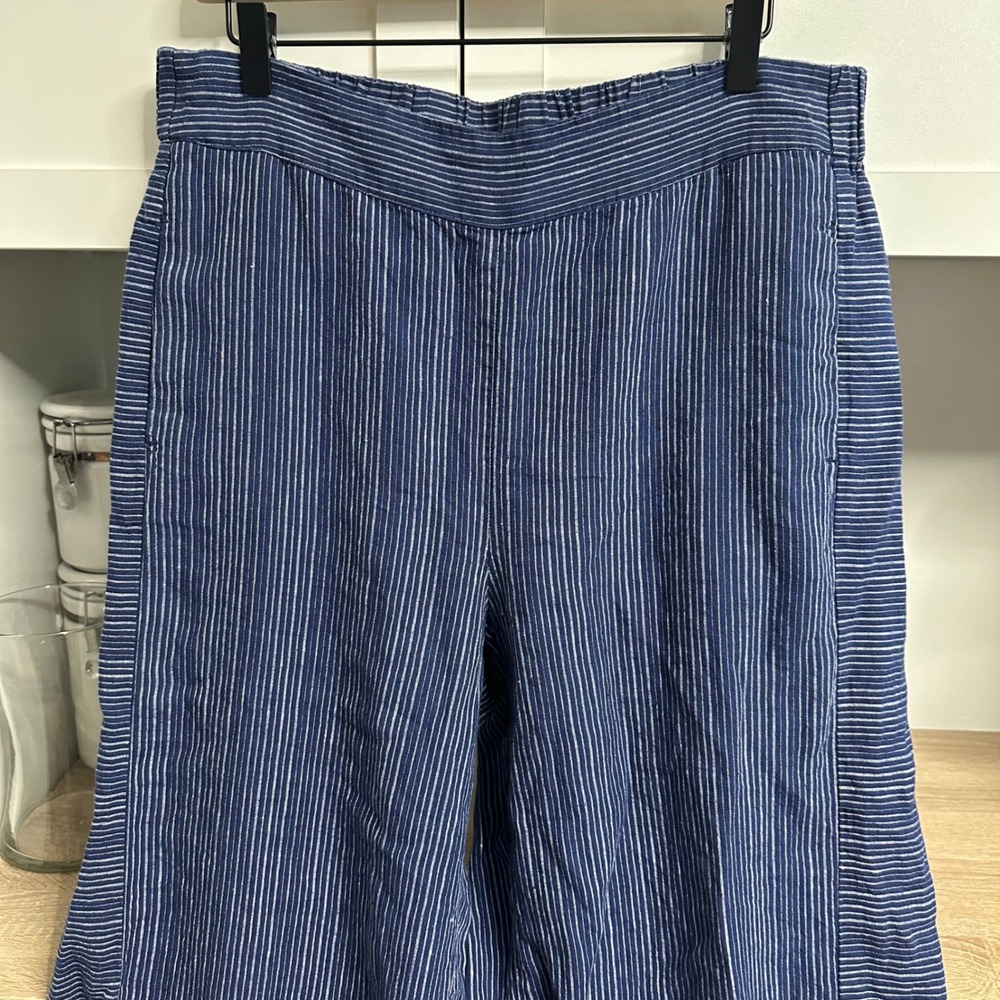 LIV by Habitat Clothes Pants Womens Large Blue Striped 100% Linen Wide Leg Crop - Picture 4 of 13